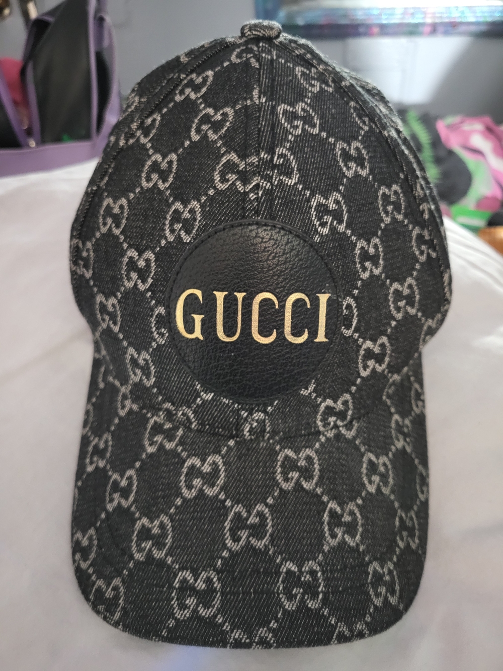 Gucci Black GG Jacquard Cap with Leather Gold Logo Detailing